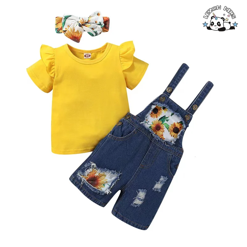 LEZONKIDS - Customizable Hot Sale Short-sleeved Blouse Girls Clothing Set Sunflower Print Jeans Girls Clothing Set